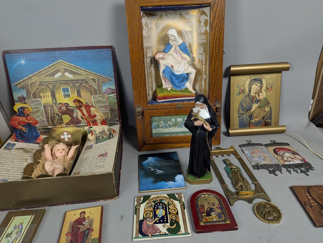 Collection of Christian Devotional Items Including Nativity Pieta Statues Icons and Plaques (1 of 10)