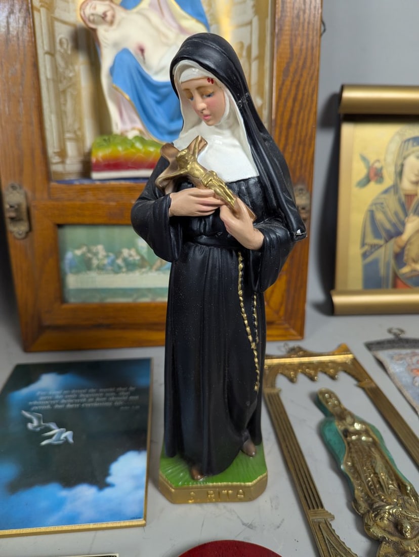 Collection of Christian Devotional Items Including Nativity Pieta Statues Icons and Plaques - 3