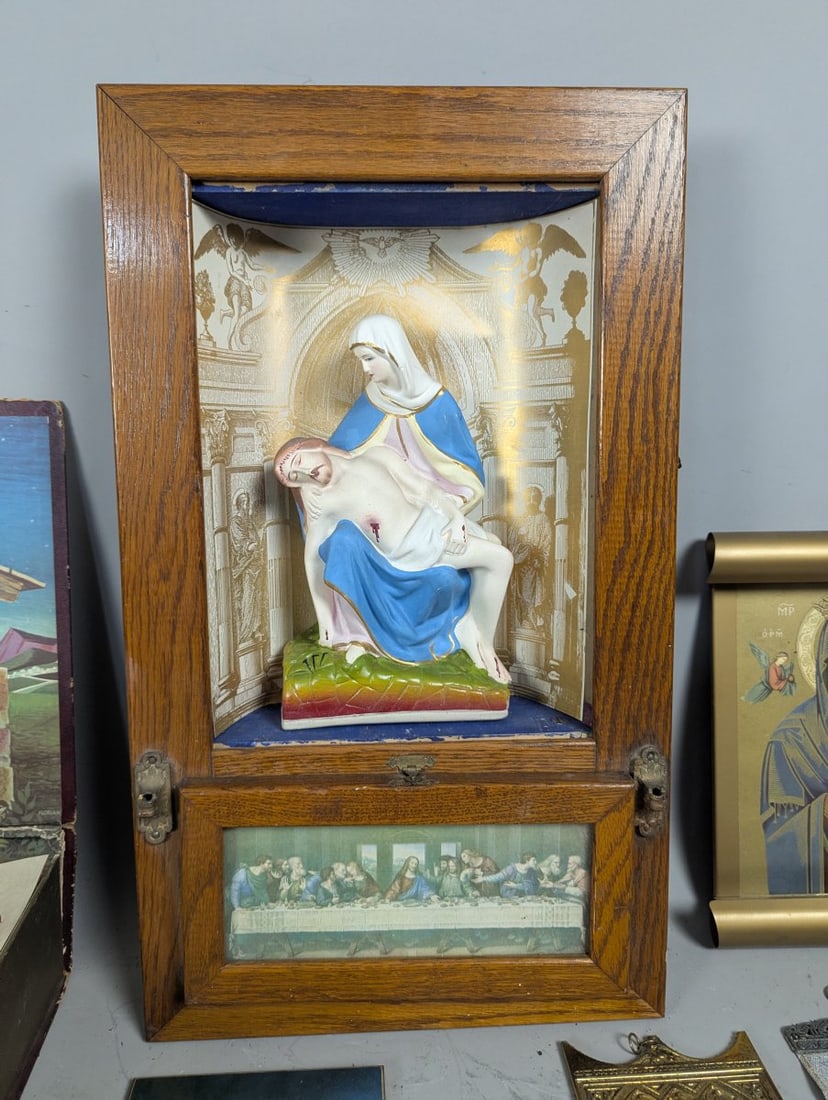 Collection of Christian Devotional Items Including Nativity Pieta Statues Icons and Plaques - 4