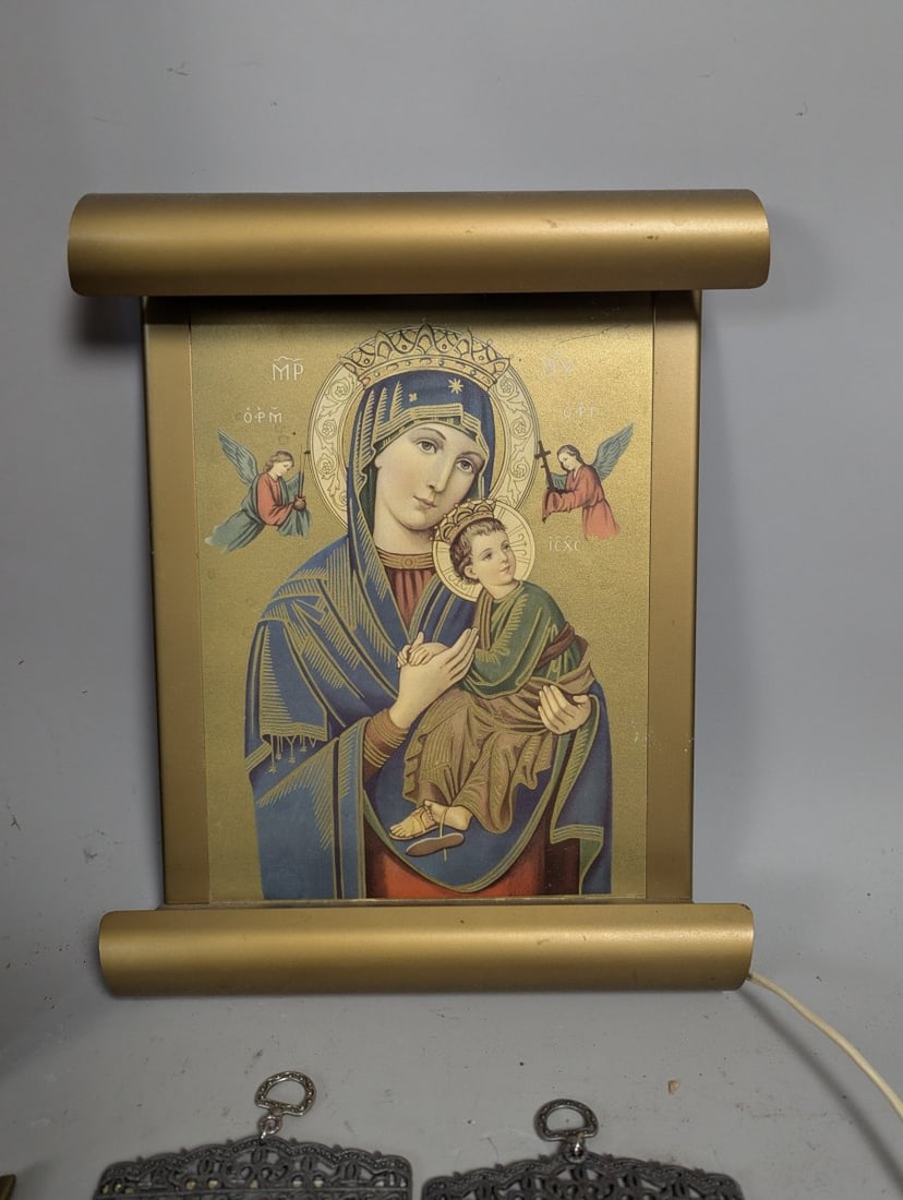 Collection of Christian Devotional Items Including Nativity Pieta Statues Icons and Plaques - 5