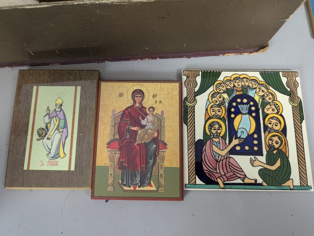 Collection of Christian Devotional Items Including Nativity Pieta Statues Icons and Plaques - 7