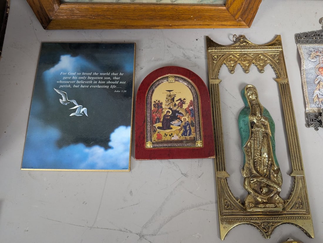 Collection of Christian Devotional Items Including Nativity Pieta Statues Icons and Plaques - 8