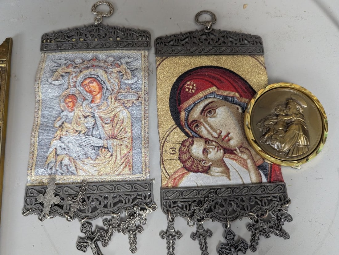 Collection of Christian Devotional Items Including Nativity Pieta Statues Icons and Plaques - 9
