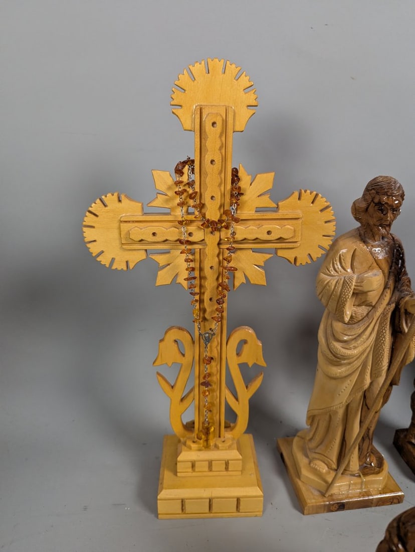 Hand-Carved Olive Wood Christian Figures Collection from the Holy Land with Large Cross - 12