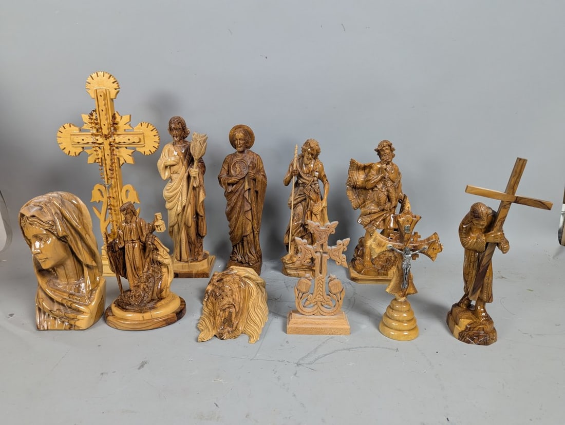 Hand-Carved Olive Wood Christian Figures Collection from the Holy Land with Large Cross: **Important** Please read below description on how to avoid high shipping costs. Discover a stunning collection of hand-carved Christian figures and symbols, all crafted from genuine olive wood, a