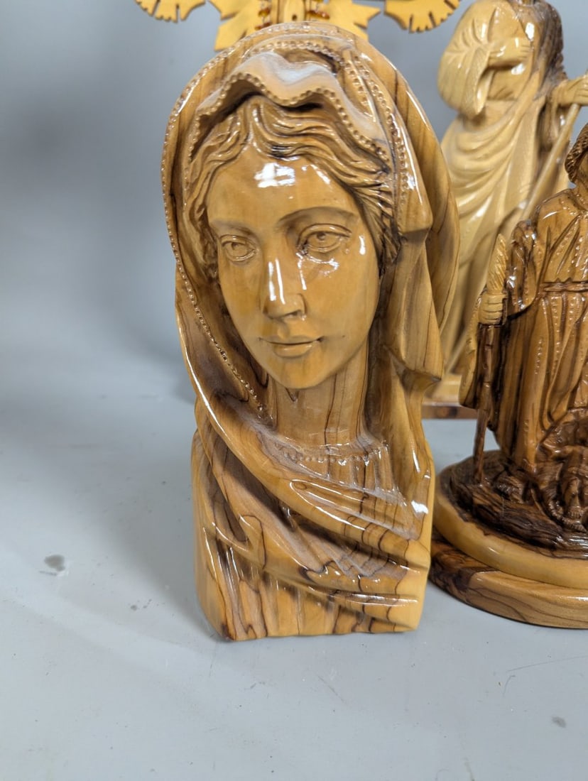 Hand-Carved Olive Wood Christian Figures Collection from the Holy Land with Large Cross - 2