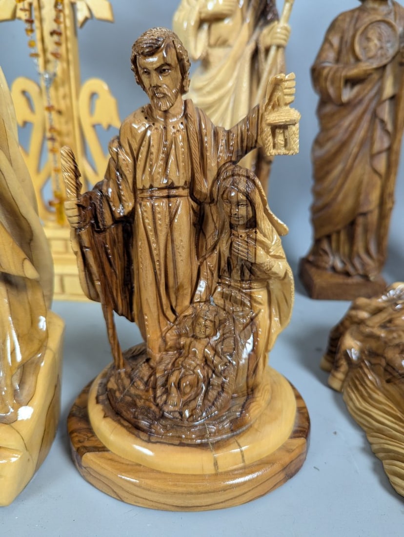 Hand-Carved Olive Wood Christian Figures Collection from the Holy Land with Large Cross - 3