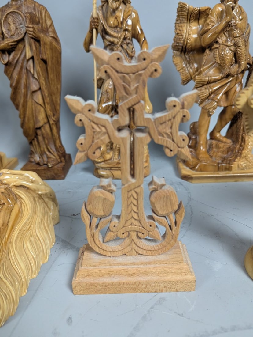 Hand-Carved Olive Wood Christian Figures Collection from the Holy Land with Large Cross - 5