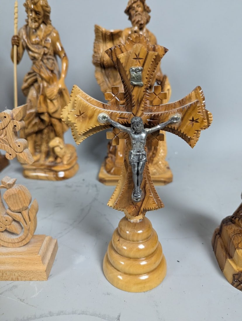 Hand-Carved Olive Wood Christian Figures Collection from the Holy Land with Large Cross - 6