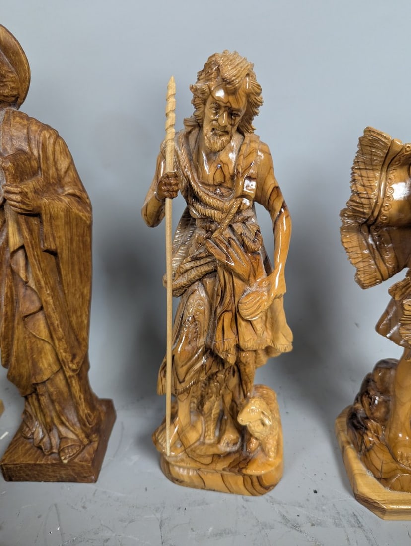 Hand-Carved Olive Wood Christian Figures Collection from the Holy Land with Large Cross - 9