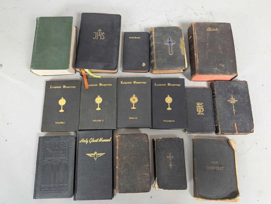 Lot of 16 Vintage Christian Catholic Religious Books Prayer Missals Bibles Collections: **Important** Please read below description on how to avoid high shipping costs. Explore this unique collection of 16 vintage Christian Catholic books, ranging in size with the largest measuring 4 x 6