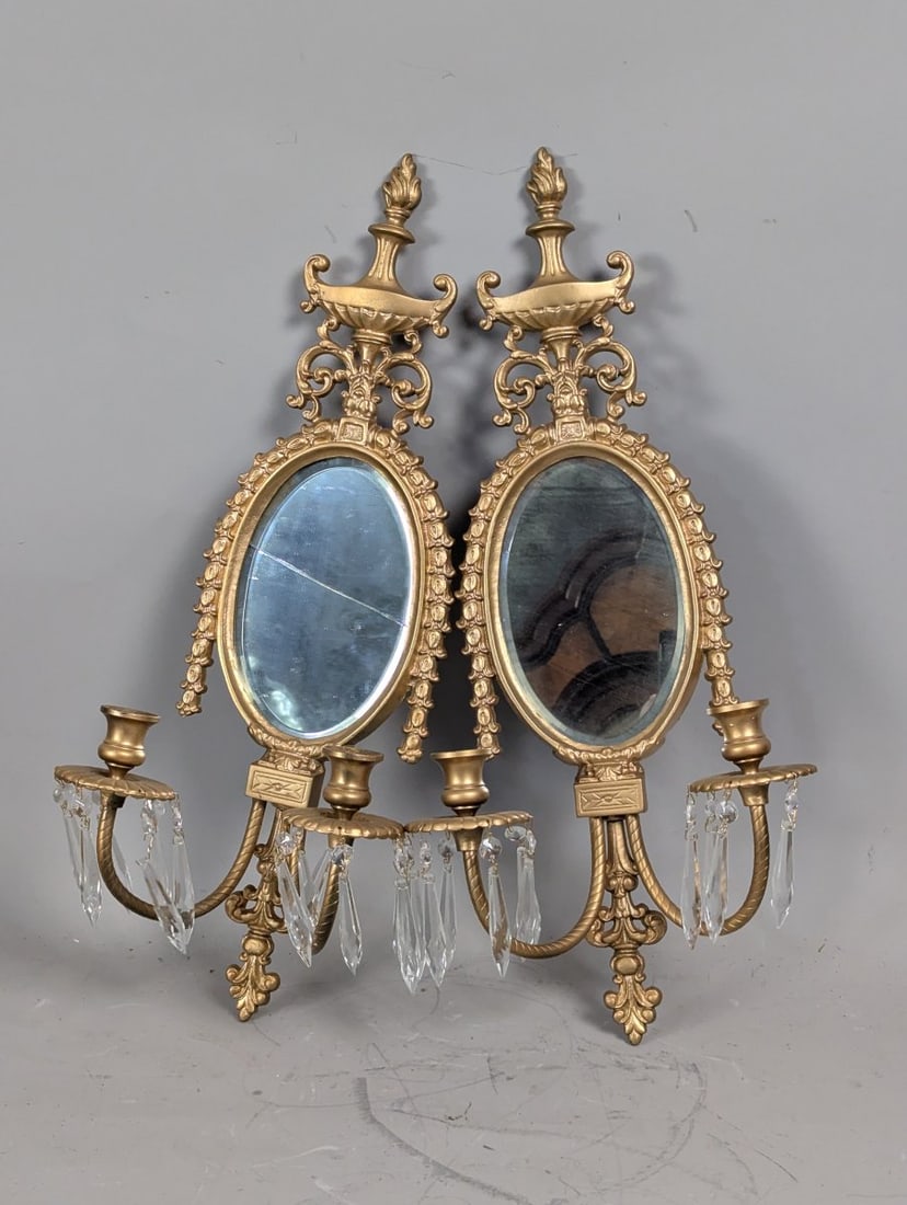 Vintage Neoclassical Hollywood Regency Mirrored Wall Sconces Pair with Crystal Prisms: **Important** Please read below description on how to avoid high shipping costs. Elevate your decor with this stunning pair of vintage Neoclassical Hollywood Regency wall sconces. Measuring 24 high x 