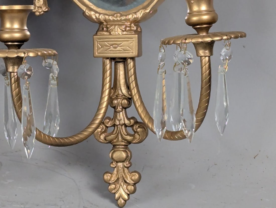 Vintage Neoclassical Hollywood Regency Mirrored Wall Sconces Pair with Crystal Prisms - 3