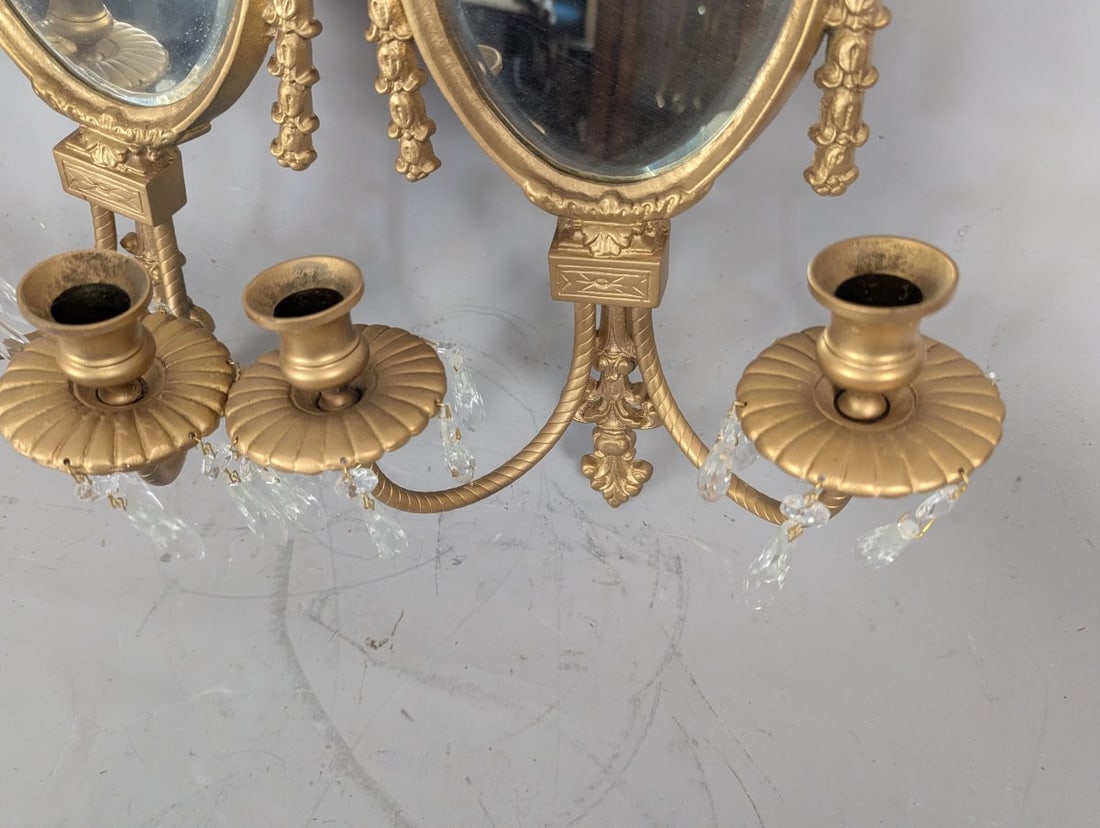 Vintage Neoclassical Hollywood Regency Mirrored Wall Sconces Pair with Crystal Prisms - 5