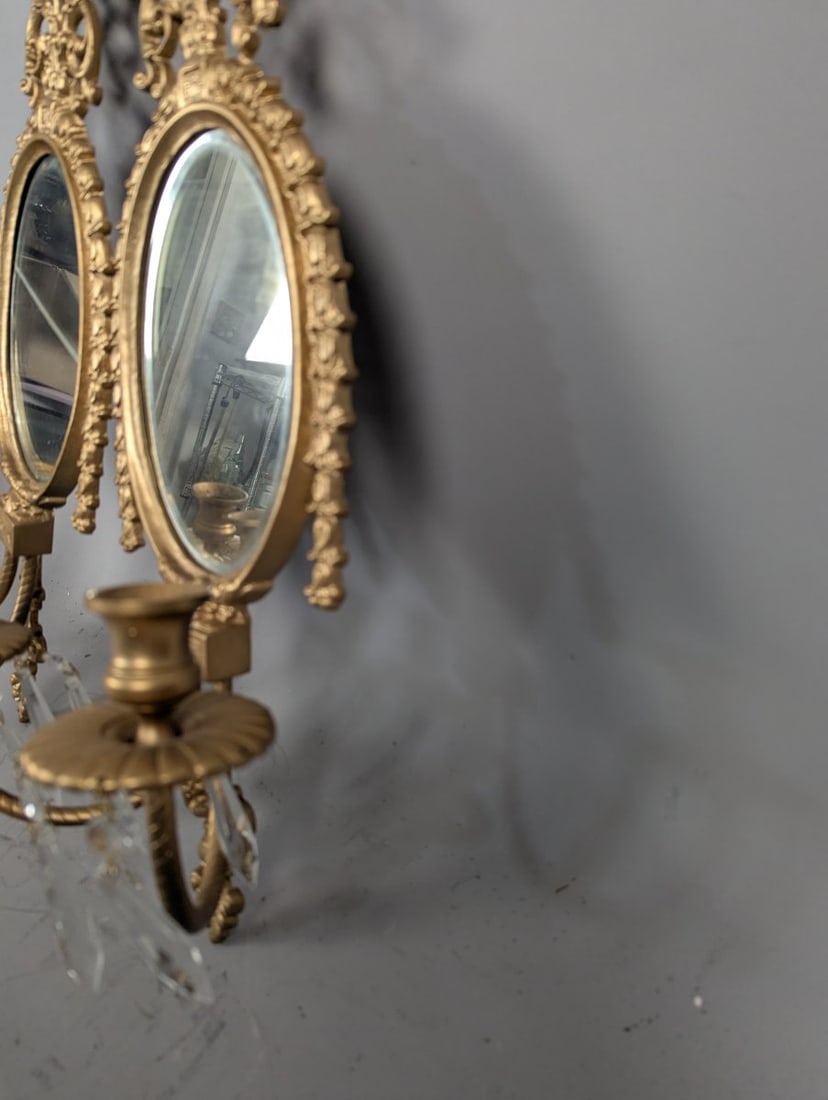 Vintage Neoclassical Hollywood Regency Mirrored Wall Sconces Pair with Crystal Prisms - 6