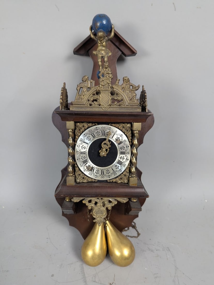 Dutch Zaanse Style Wall Clock with Atlas Finial and Brass Crest NU ELCK SYN SIN (1 of 9)