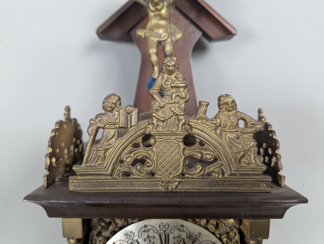 Dutch Zaanse Style Wall Clock with Atlas Finial and Brass Crest NU ELCK SYN SIN - 3