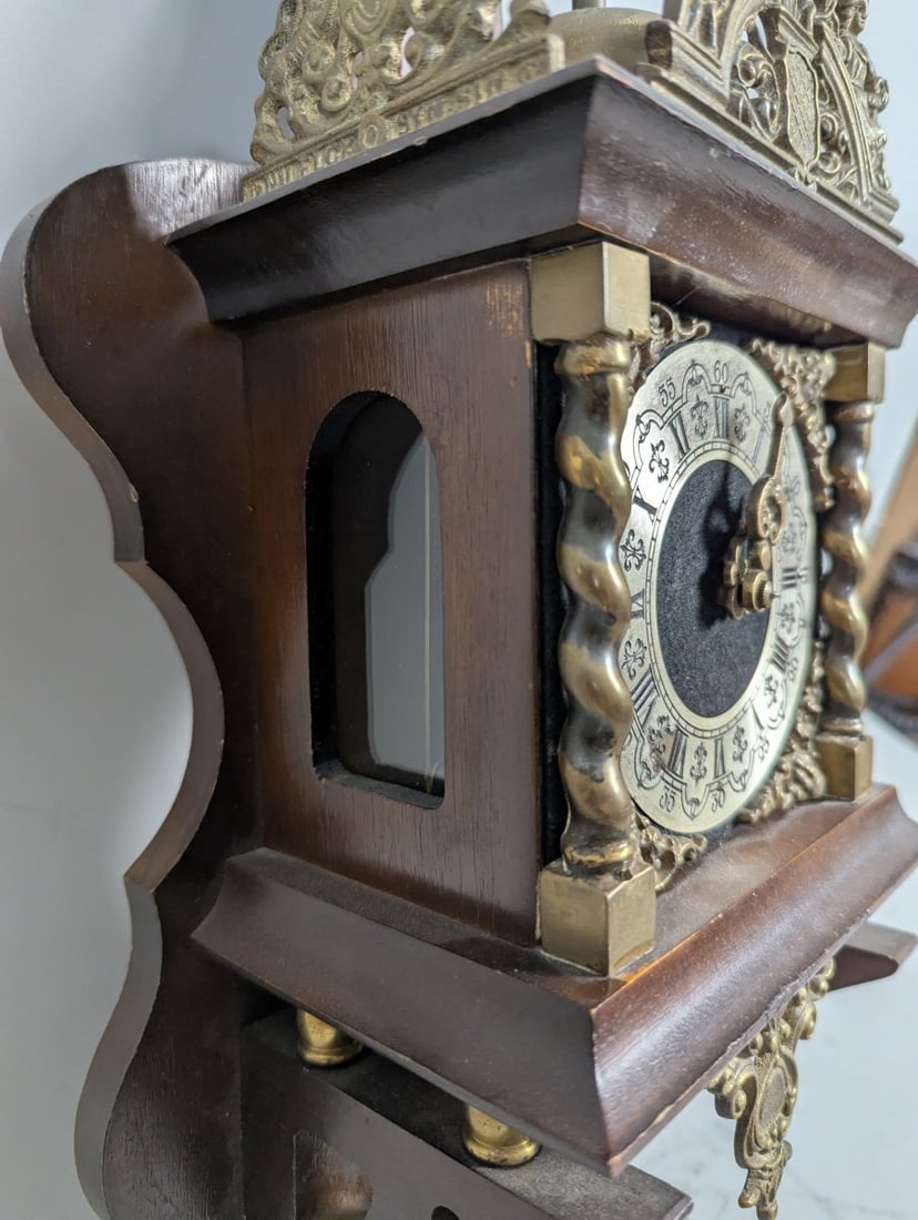 Dutch Zaanse Style Wall Clock with Atlas Finial and Brass Crest NU ELCK SYN SIN - 6