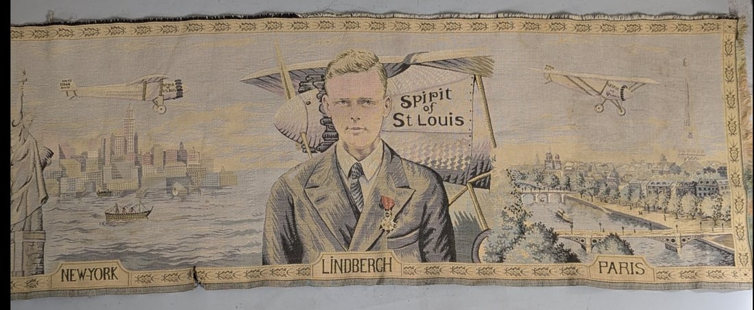 Circa 1927 Charles Lindbergh Spirit of St. Louis Commemorative Woven Tapestry: **Important** Please read below description on how to avoid high shipping costs. Presenting a unique piece of aviation history, this circa 1927 woven tapestry celebrates Charles Lindbergh's iconic