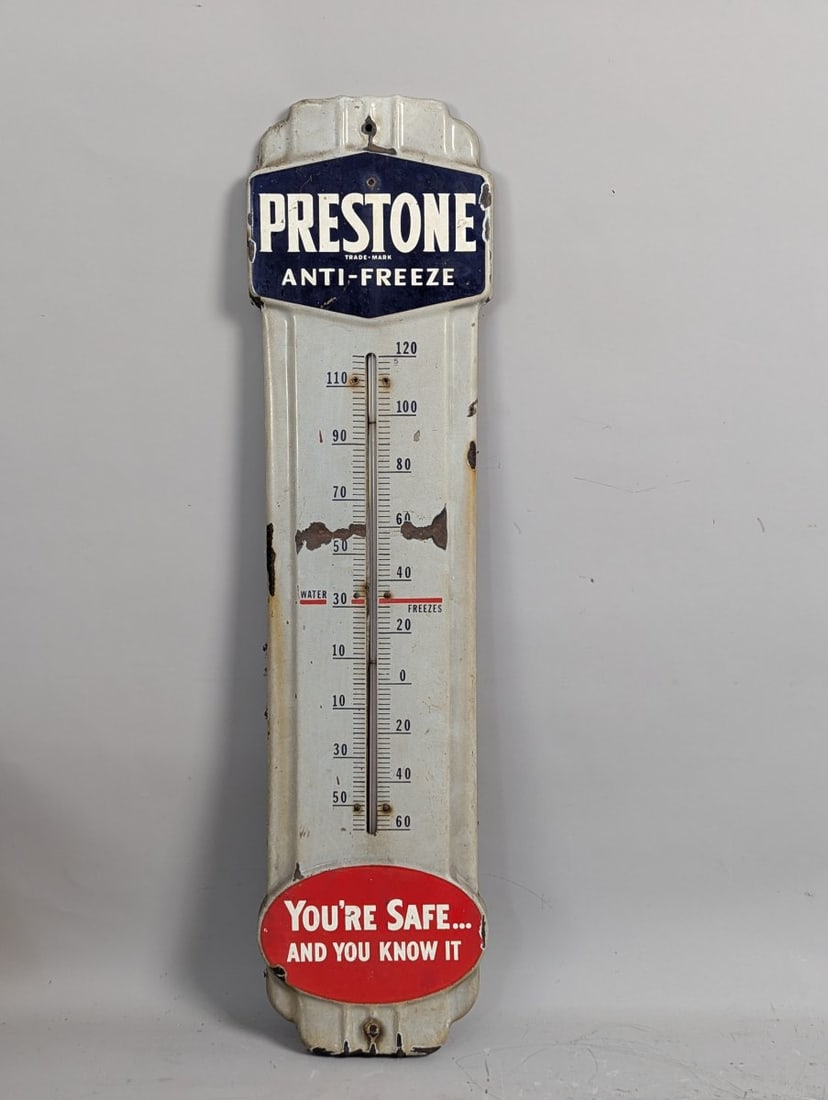 Vintage Prestone Anti-Freeze Porcelain Thermometer Sign Classic American Automobilia (1 of 6)