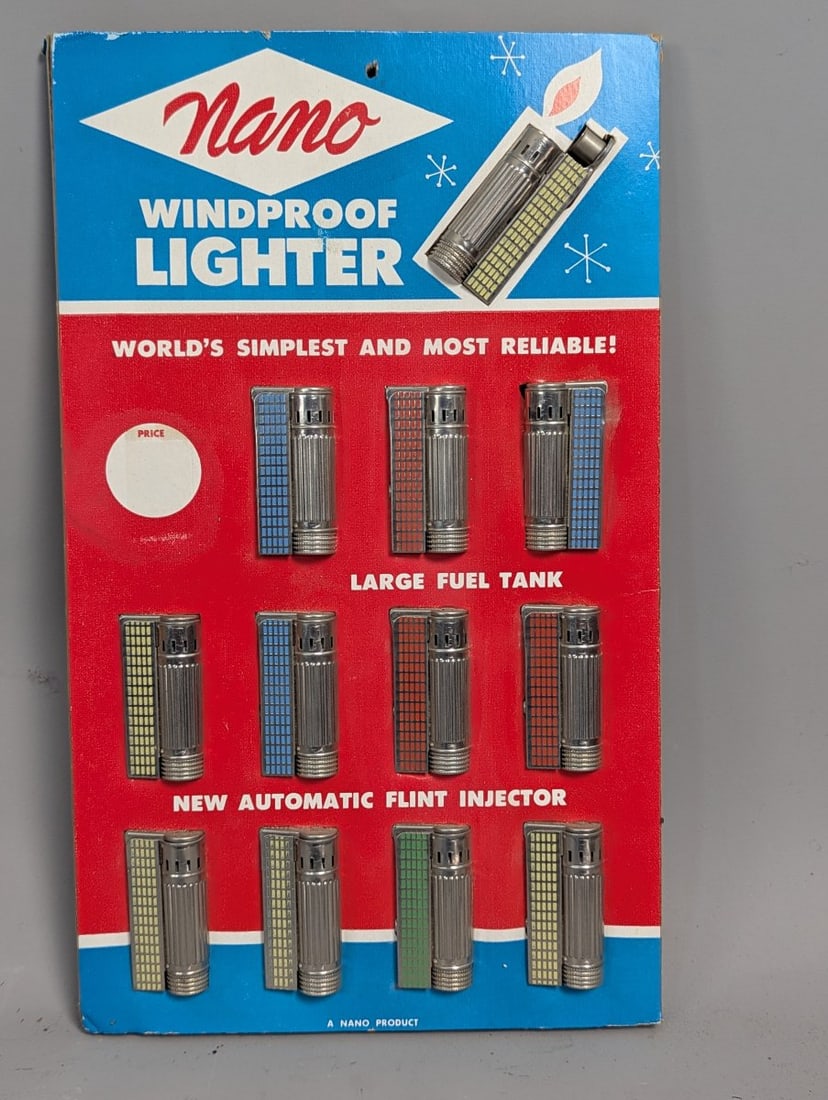 Vintage Nano Windproof Lighter Store Display Card with Colorful NOS Lighters: **Important** Please read below description on how to avoid high shipping costs. Discover this unique Vintage Nano Windproof Lighter Store Display measuring 8 1/4 x 14 x 1/2 inches, featuring 11 out