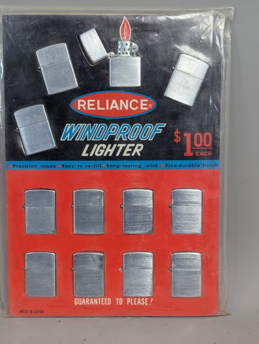 Vintage Reliance Windproof Lighter Store Display Card 8 Lighters Made In Japan: **Important** Please read below description on how to avoid high shipping costs. Enhance your collection with this Vintage Reliance Windproof Lighter Store Display Card. Measuring 10 x 14 1/2 and neve