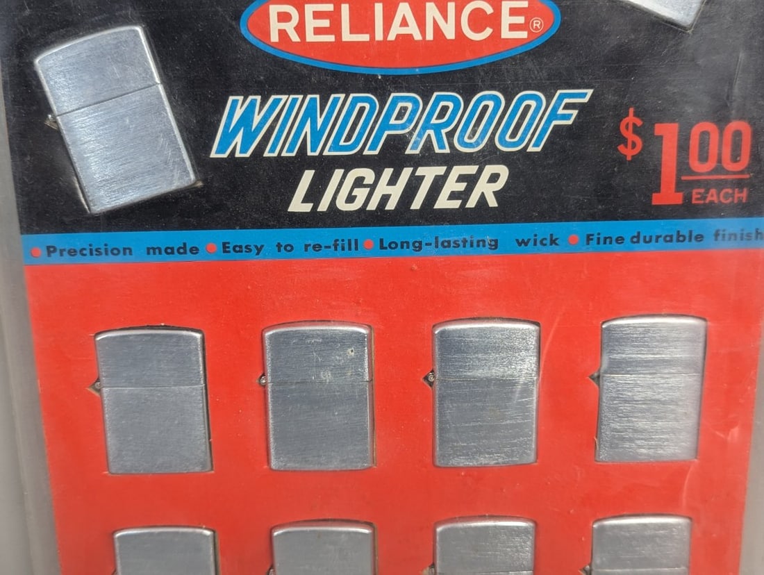 Vintage Reliance Windproof Lighter Store Display Card 8 Lighters Made In Japan - 3