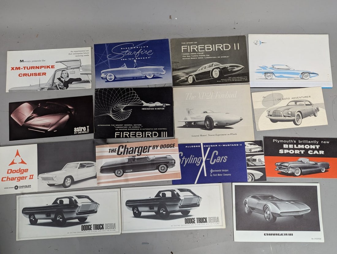 Vintage Concept Car Brochures Collection Lot of 15 Americana Retro Design 50s 60s: **Important** Please read below description on how to avoid high shipping costs. Dive into a unique collection with this lot of 15 vintage concept car brochures, each measuring approximately 8 x 6