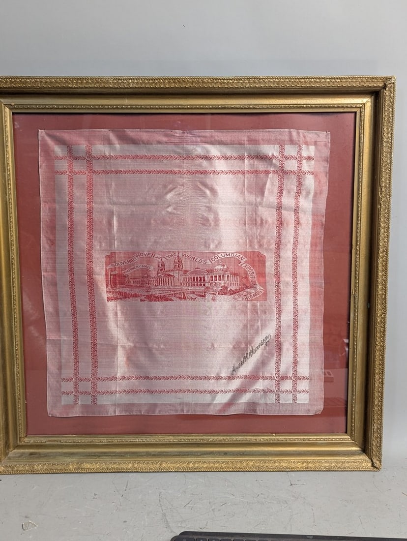 Chicago 1893 Worlds Columbian Exposition Woven Silk Souvenir by Unknown Maker Framed Textile: **Important** Please read below description on how to avoid high shipping costs. Presenting a remarkable souvenir from the iconic 1893 World's Columbian Exposition, this woven silk handkerchief is