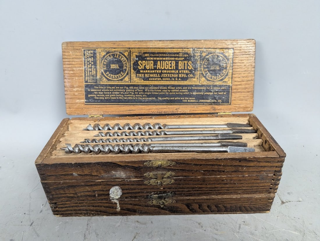 Vintage Russell Jennings Spur-Auger Bit Set Incomplete Wooden Box Collectible Tool: **Important** Please read below description on how to avoid high shipping costs. Discover this vintage Russell Jennings Spur-Auger Bit Set, presented in its original wooden box. Please note that the