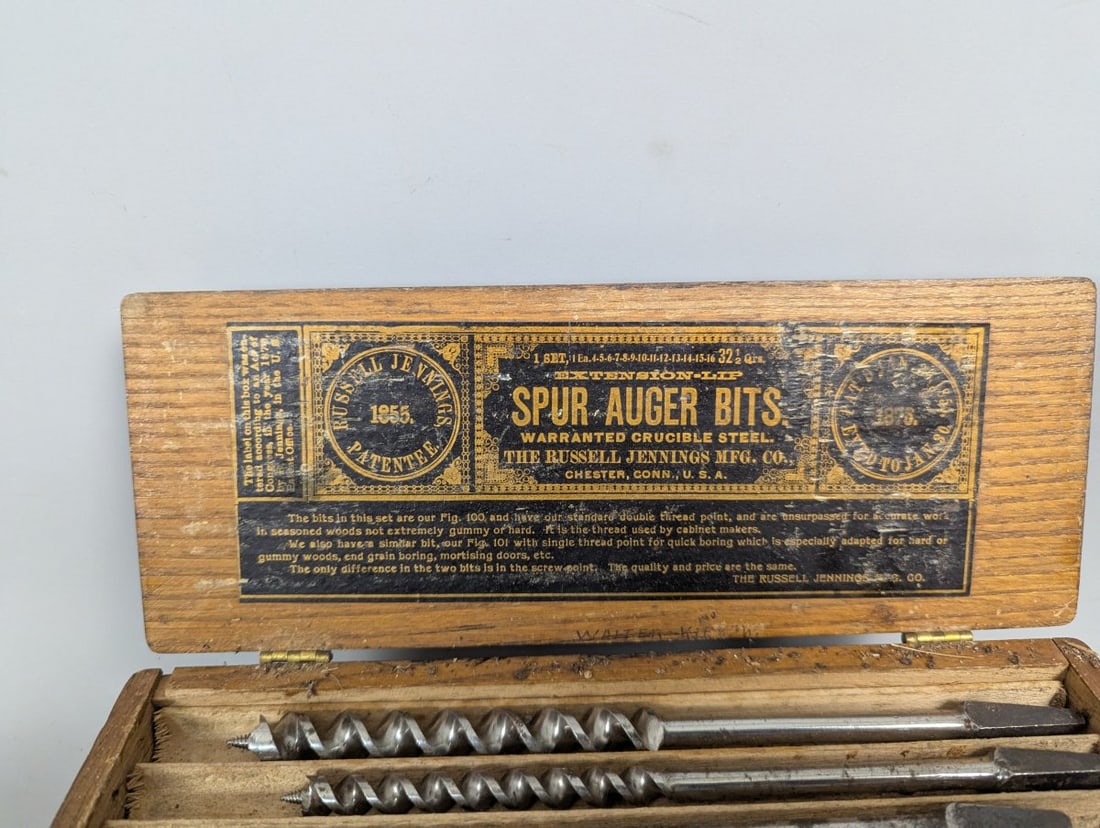 Vintage Russell Jennings Spur-Auger Bit Set Incomplete Wooden Box Collectible Tool - 2