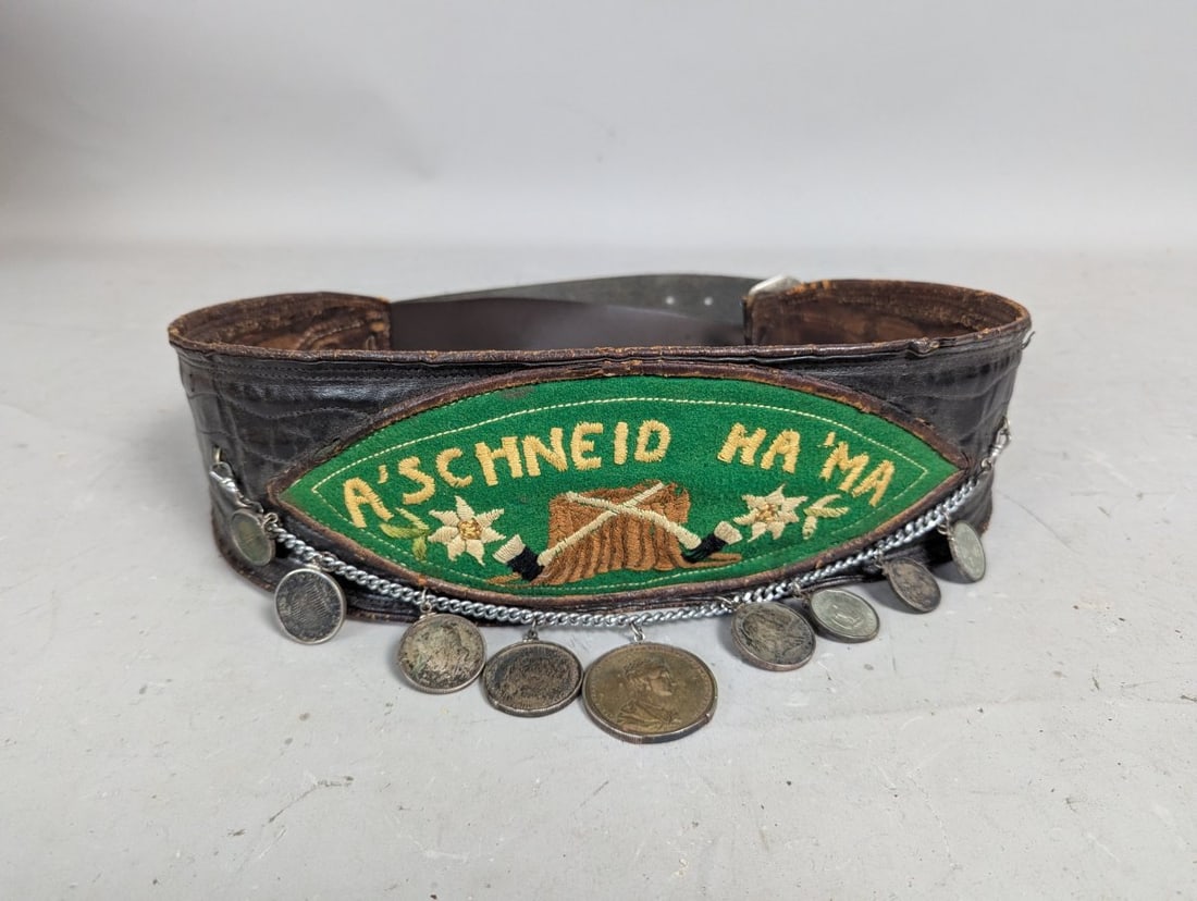 Vintage Alpine Ranzen Folk Art Belt with Coin Charms Unique Austria Bavaria Culture: **Important** Please read below description on how to avoid high shipping costs. Explore this Vintage Alpine 'Ranzen' Folk Art Belt with Coin Charms, measuring 48 x 4 1/2 inches. This traditional