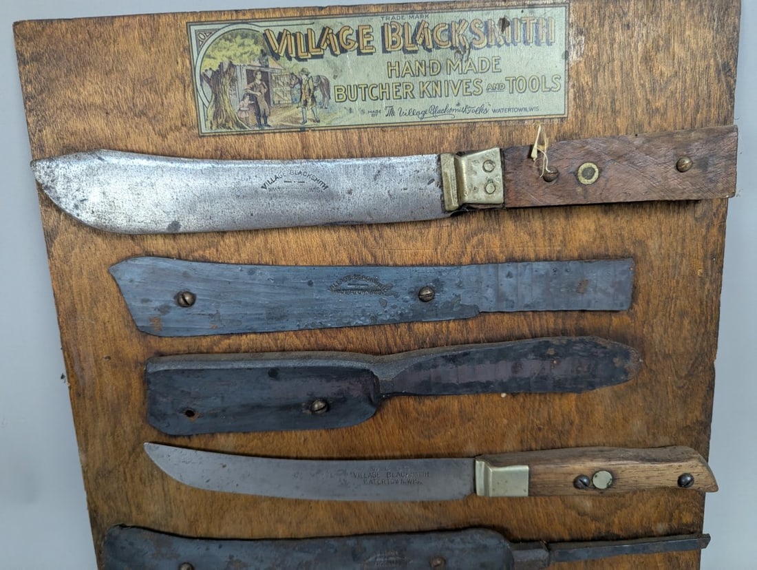 Vintage Village Blacksmith Promotional Knife Display Board with Seven Tools from Watertown WI - 3
