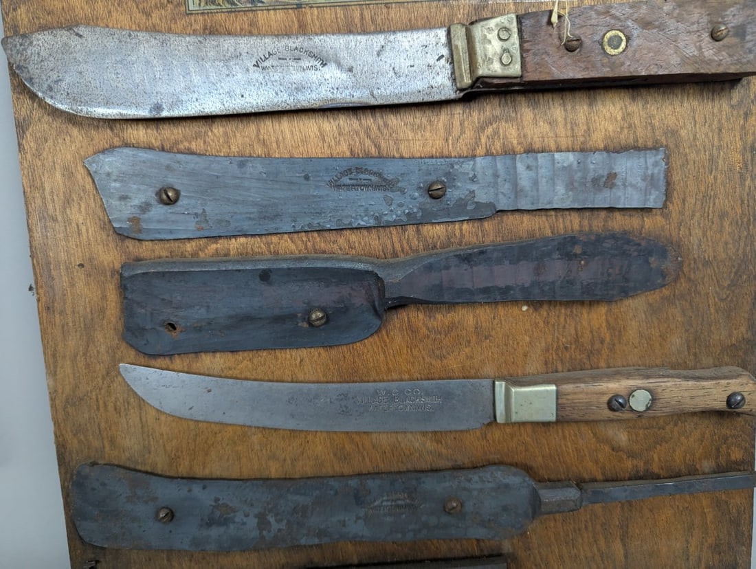 Vintage Village Blacksmith Promotional Knife Display Board with Seven Tools from Watertown WI - 4