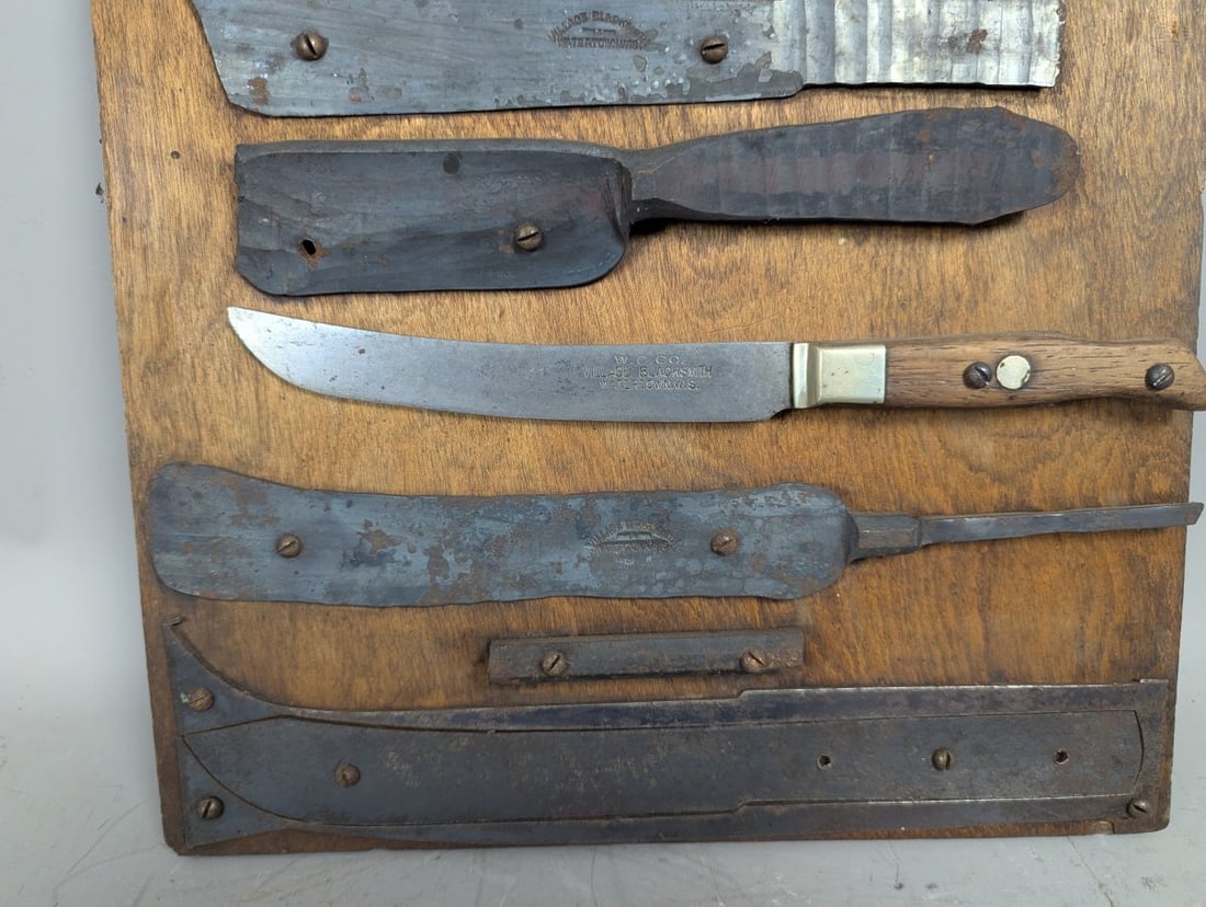 Vintage Village Blacksmith Promotional Knife Display Board with Seven Tools from Watertown WI - 5