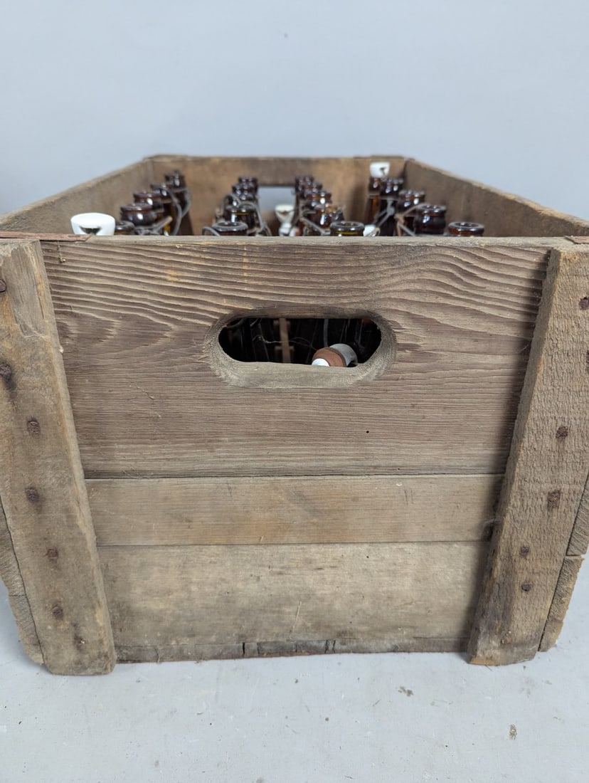 Vintage West Bend Lithia Co Wooden Beer Crate and 24 Amber Bottles Collectible Set - 4