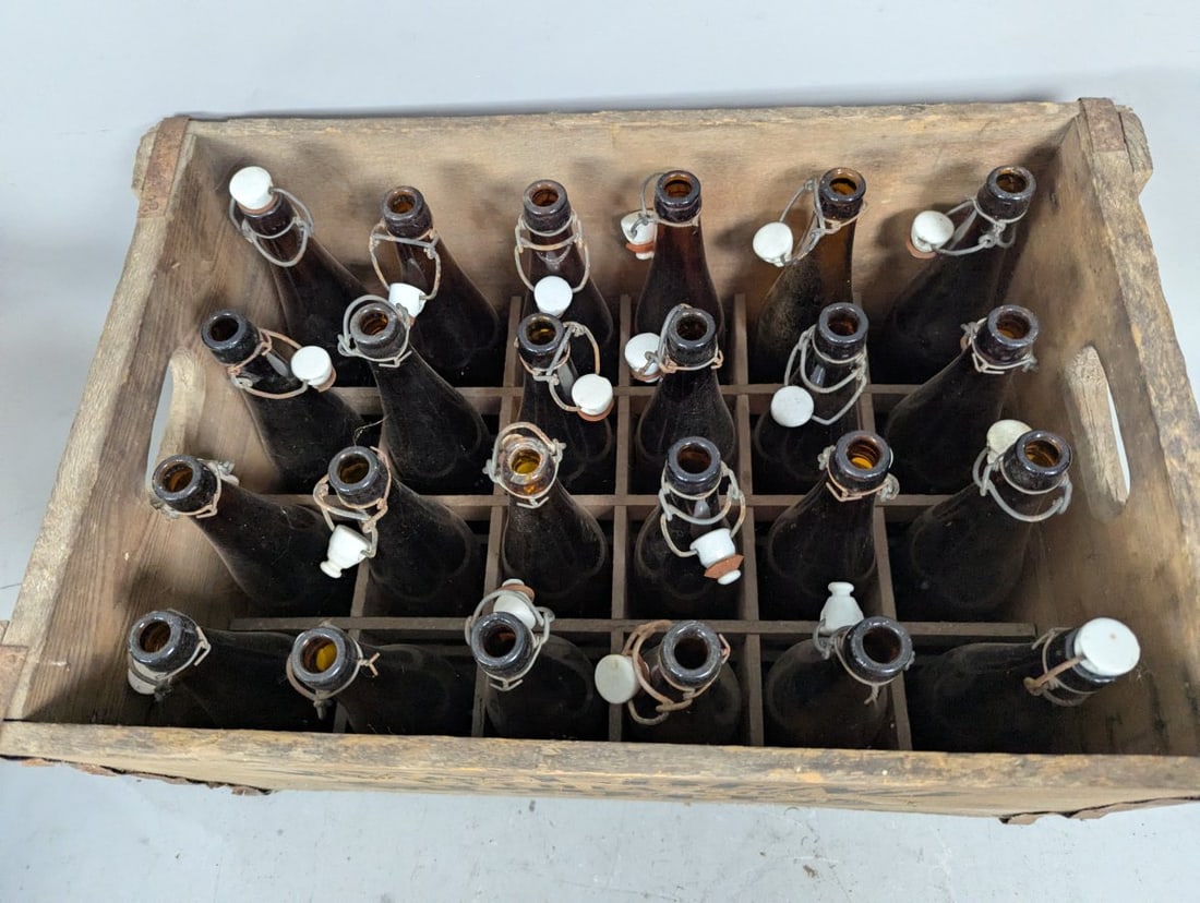 Vintage West Bend Lithia Co Wooden Beer Crate and 24 Amber Bottles Collectible Set - 5
