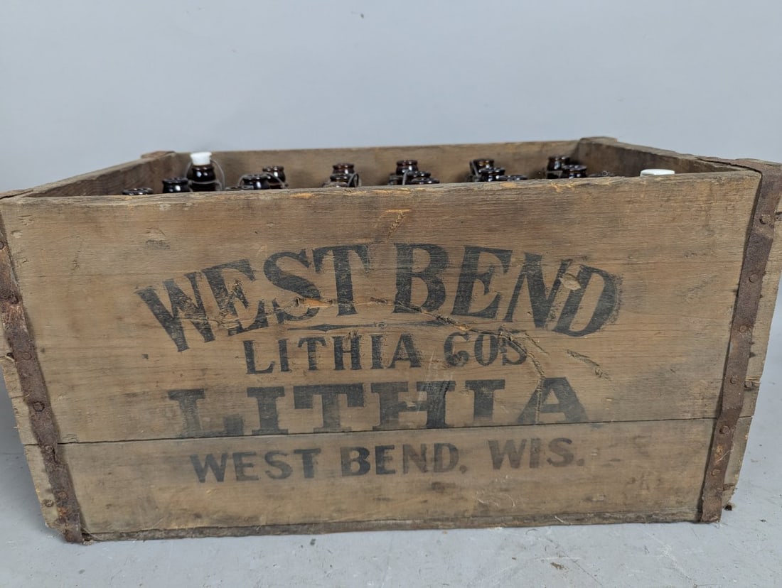 Vintage West Bend Lithia Co Wooden Beer Crate and 24 Amber Bottles Collectible Set - 6