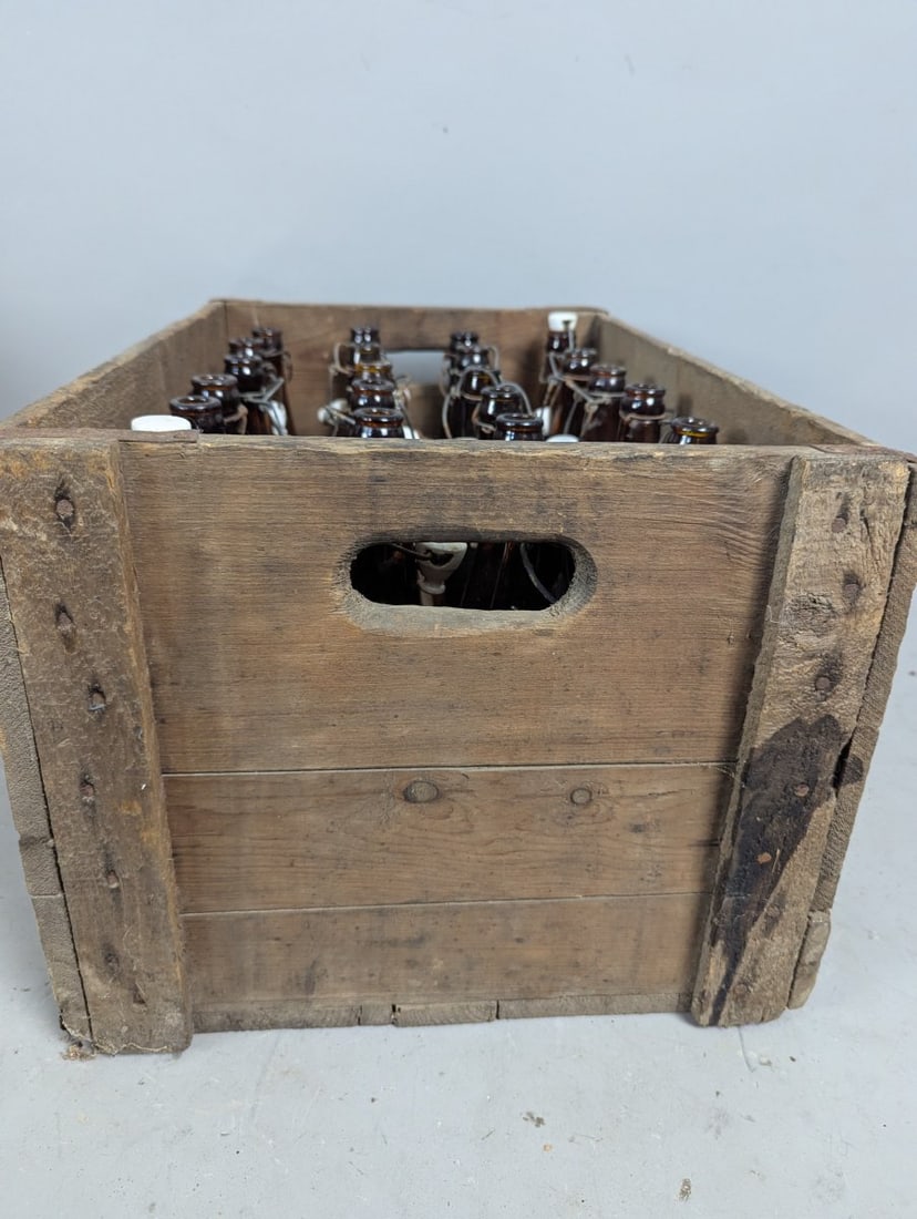 Vintage West Bend Lithia Co Wooden Beer Crate and 24 Amber Bottles Collectible Set - 7