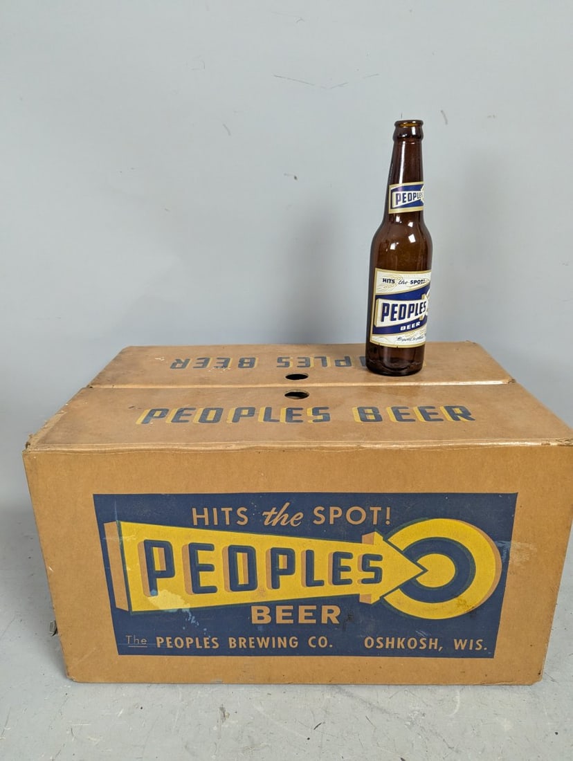 Vintage Peoples Beer Cardboard Case with 24 Empty Bottles from Oshkosh Brewing Co.: **Important** Please read below description on how to avoid high shipping costs. This unique auction features a Vintage Peoples Beer Cardboard Case measuring 17 x 10 x 11 inches, complete with a full 