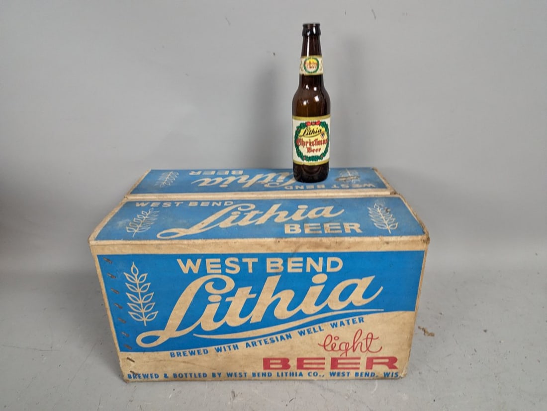 Vintage West Bend Lithia Beer Cardboard Case & Christmas Beer Bottles Breweriana Collectible: **Important** Please read below description on how to avoid high shipping costs. Up for bid is a unique set comprising a vintage West Bend Lithia Beer cardboard case and a collection of original