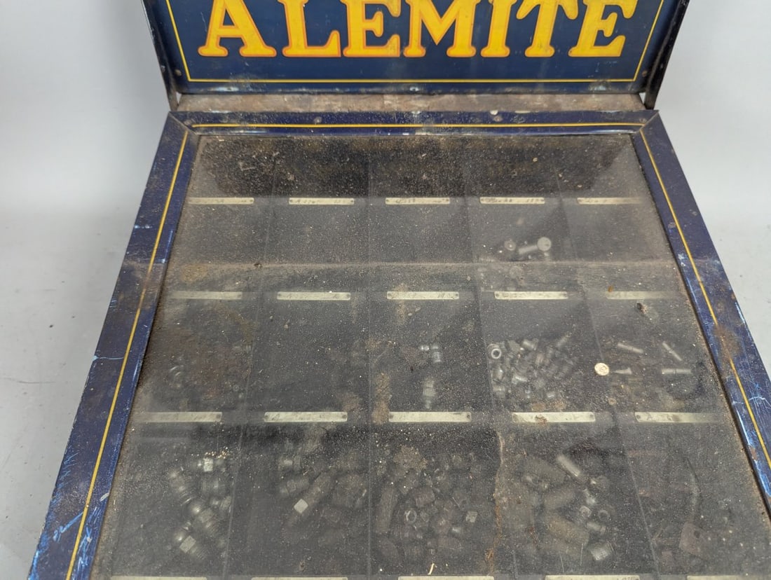 Vintage Alemite Zerk Type Grease Fittings Store Display Cabinet Autoparts Memorabilia - 3