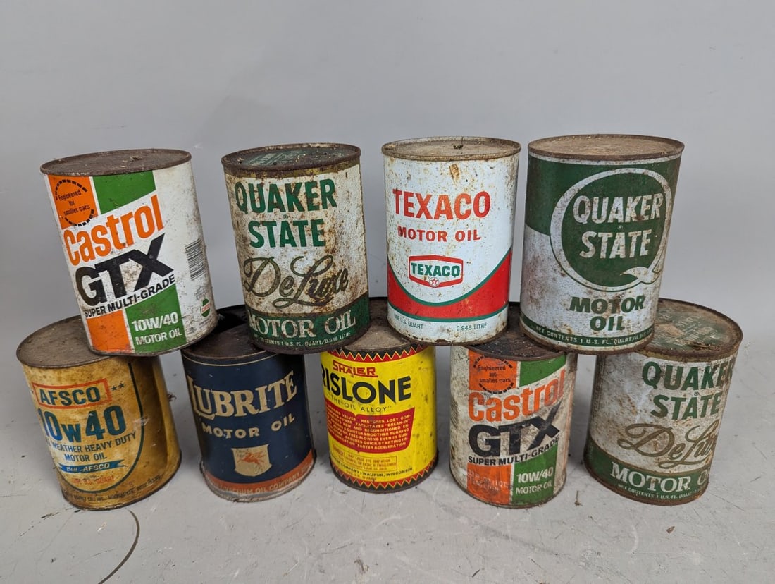 Vintage Motor Oil Can Collection Texaco Quaker State Castrol Lubrite Afsco Petroliana: **Important** Please read below description on how to avoid high shipping costs. Explore this stunning collection of nine vintage one-quart metal motor oil cans, featuring 7 unopened and 2 opened cans
