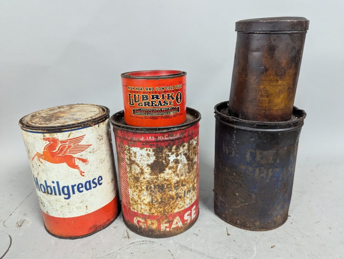 Vintage Petroliana Automotive Grease Cans Collection - Mobil, Lubriko and More: **Important** Please read below description on how to avoid high shipping costs. Explore this striking collection of five vintage automotive grease cans, each showcasing unique designs and branding.