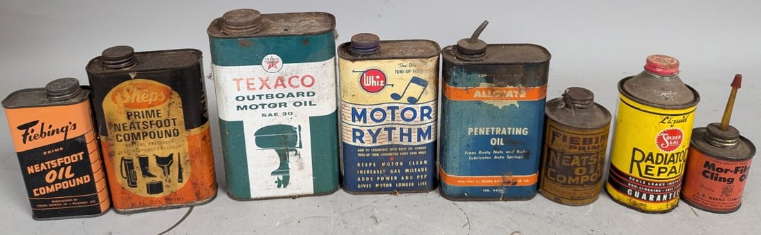 Vintage Automotive and Marine Metal Tins Collection - Petroliana and Automobilia: **Important** Please read below description on how to avoid high shipping costs. Discover a remarkable collection of vintage metal tins suitable for automotive, marine, and leather treatment enthusias