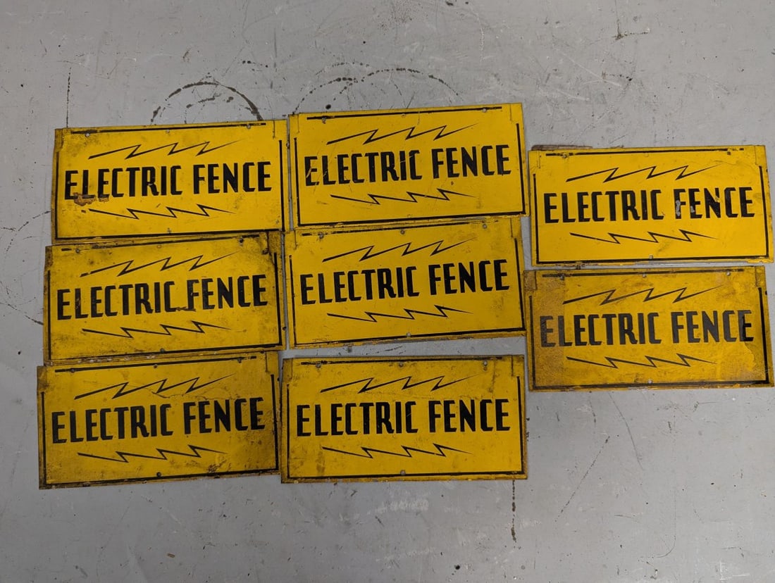 Vintage Electric Fence Warning Signs Lot of 8 Metal Decor Industrial Americana: **Important** Please read below description on how to avoid high shipping costs. Presenting a compelling lot of 8 vintage electric fence warning signs, each measuring 8 x 4 inches. These authentically