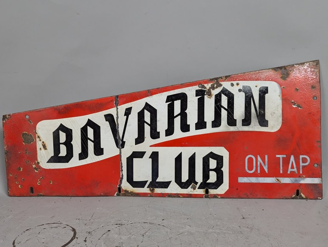 Vintage Bavarian Club On Porcelain Sign by Bavarian Brewing Company: **Important** Please read below description on how to avoid high shipping costs. Up for auction is a rare Vintage Bavarian Club 'On Tap' Porcelain Sign measuring 28 x 13 inches. This unique piece,