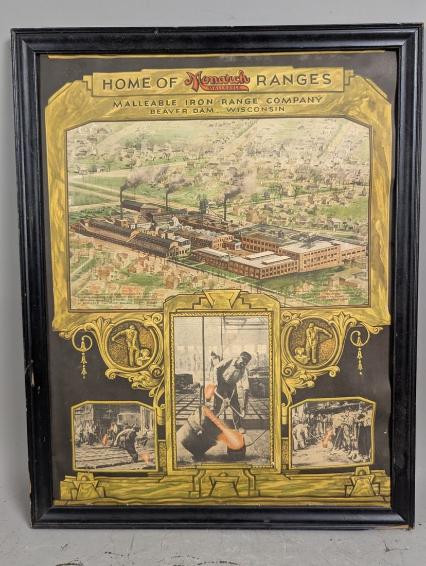 Vintage Framed Advertising Poster Monarch Malleable Ranges Industrial Decor Art Deco: **Important** Please read below description on how to avoid high shipping costs. Bid on this stunning Vintage Framed Advertising Poster for Monarch Malleable Ranges, measuring 18 1/2 x 24 x 1 inches.