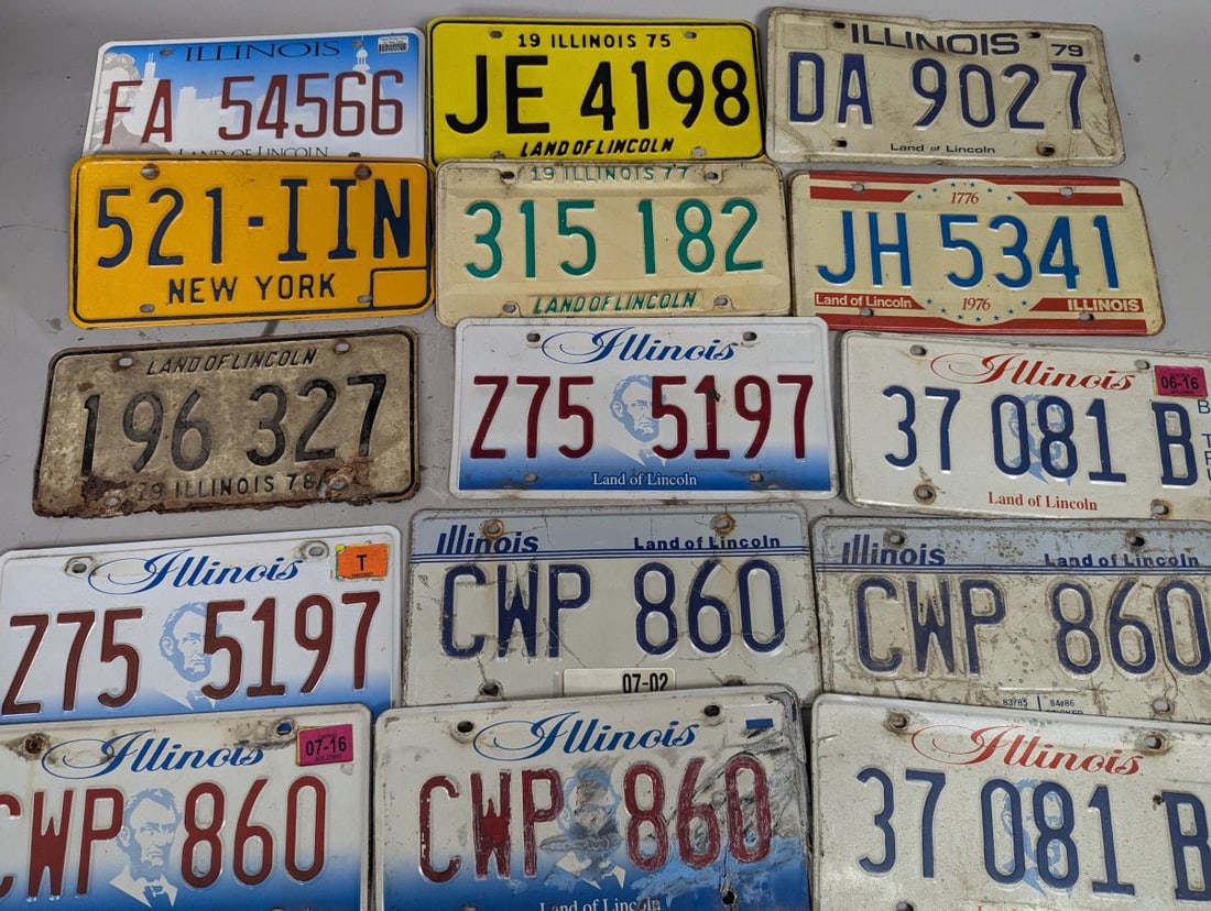 Collection of Vintage Illinois and New York License Plates Historical Memorabilia: **Important** Please read below description on how to avoid high shipping costs. This auction features a remarkable collection of 15 vintage license plates, primarily from Illinois, with one unique