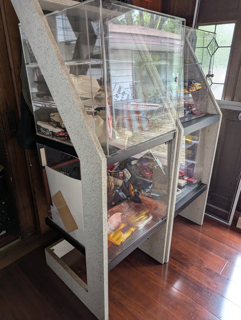 Pair of Mid Century Postmodern Z-Frame Display Cabinets with Plexiglass Cubes: **Important** Please read below description on how to avoid high shipping costs. Introducing a stunning pair of Postmodern 'Z-Frame' display cabinets, each measuring 58 high x 22 x 22. These